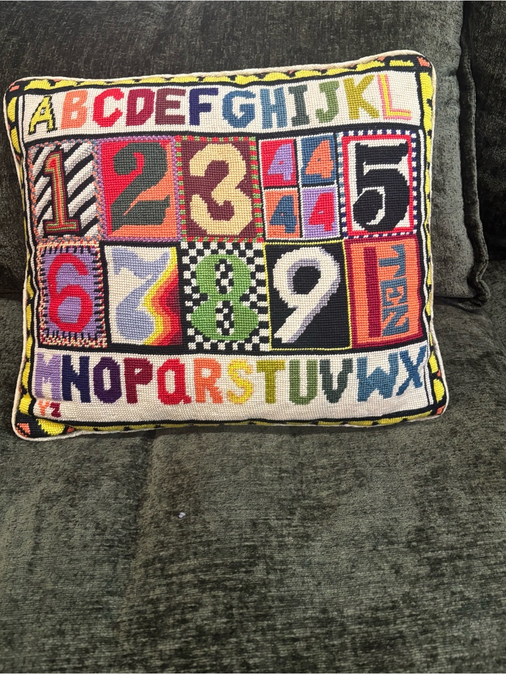 VTG Needlepoint “Sesame Street Chic” Throw Pillow 16x20” Gold Back-RARE